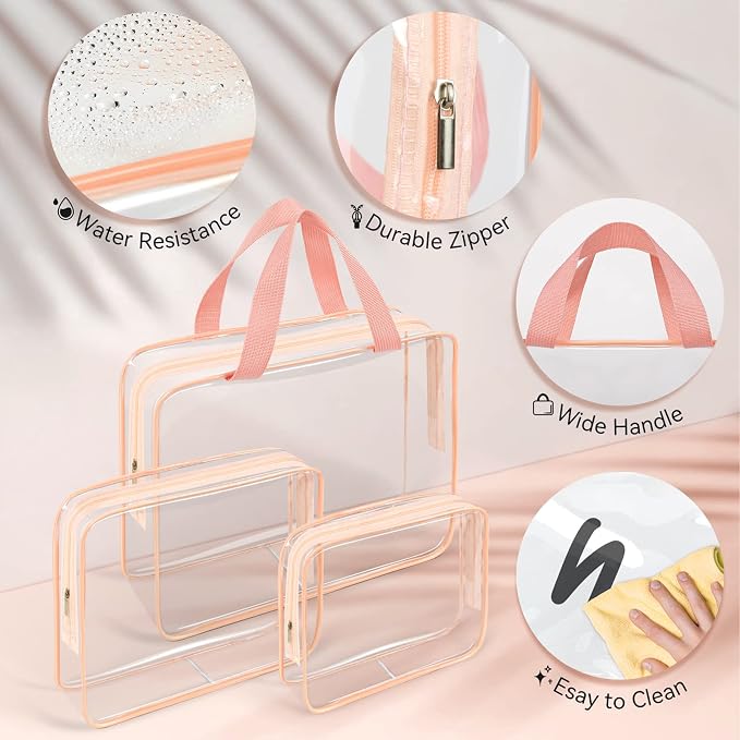 TISRATOK 10 PCS Clear Travel Bags for Toiletries, Clear Makeup Bags （Pink） | 3 Size plastic clear bags with zipper handbag, TSA approved cosmetic pouch for travel, swimsuit,toy storage bags - Image 6