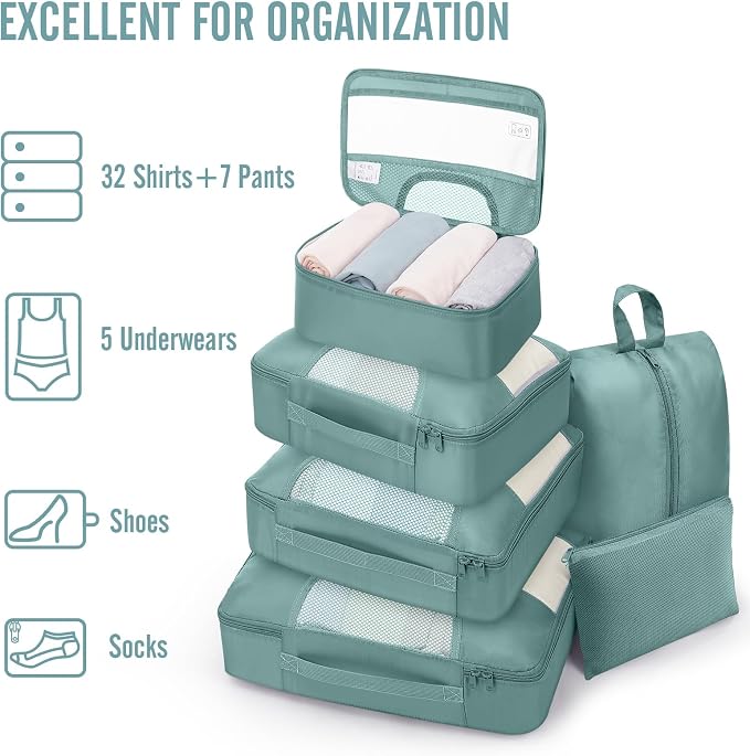 Veken 8 Set Packing Cubes for Travel Essentials,Anti-Wrinkle Buckled Suitcase Organizer for Shoe & Toiletry Bag,Carry On Luggage Bag with 99+ Count Mesh Holes for Airplane & College Dorm Accessories - Image 5
