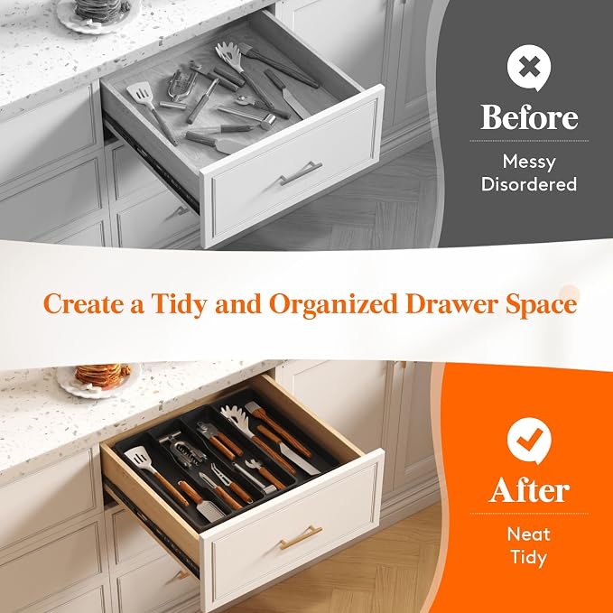 Lifewit Utensil Organizer for Kitchen Drawer, Expandable Cooking Tray | Adjustable Cutlery Flatware Holder, Plastic Silverware Spatula Tools Storage Divider, 11.9-17.3 x 15.8", Black - Image 7