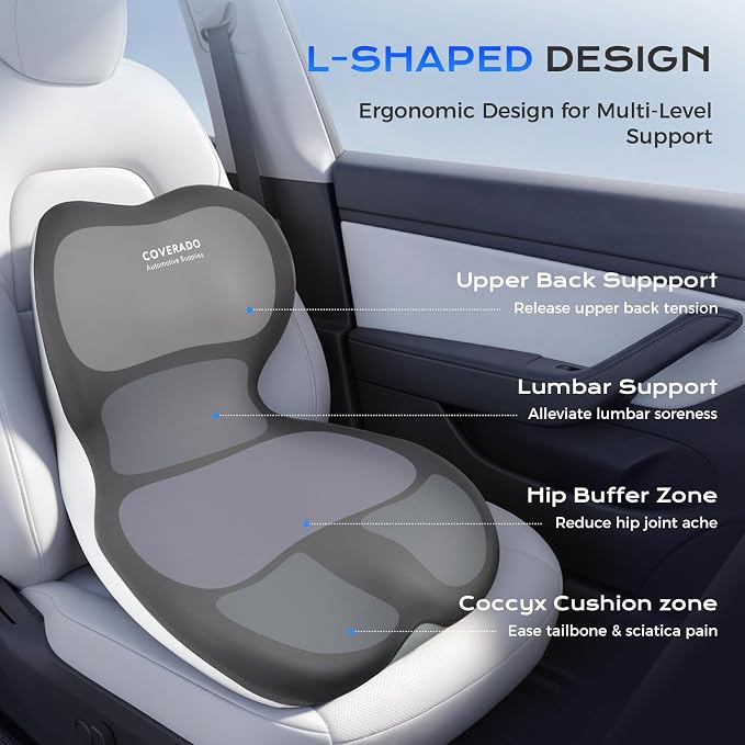 Coverado [Upgraded] Car Seat Cushion and Lumbar Support Pillow One Piece, Memory Foam Ergonomic Back Support Driving Seat Cushion for Back Pain, Non-Slip Washable Cushion for Car, Driver, Office - Image 2