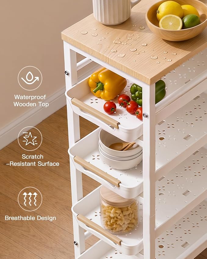 Pipishell Slim Storage Cart, Wooden Top Narrow Kitchen Storage Cart, White | 5 Tier Skinny Rolling Cart with Pull-Out Baskets, Vented Design & Lockable Wheels for Kitchen, Bathroom, Laundry Room - Image 3