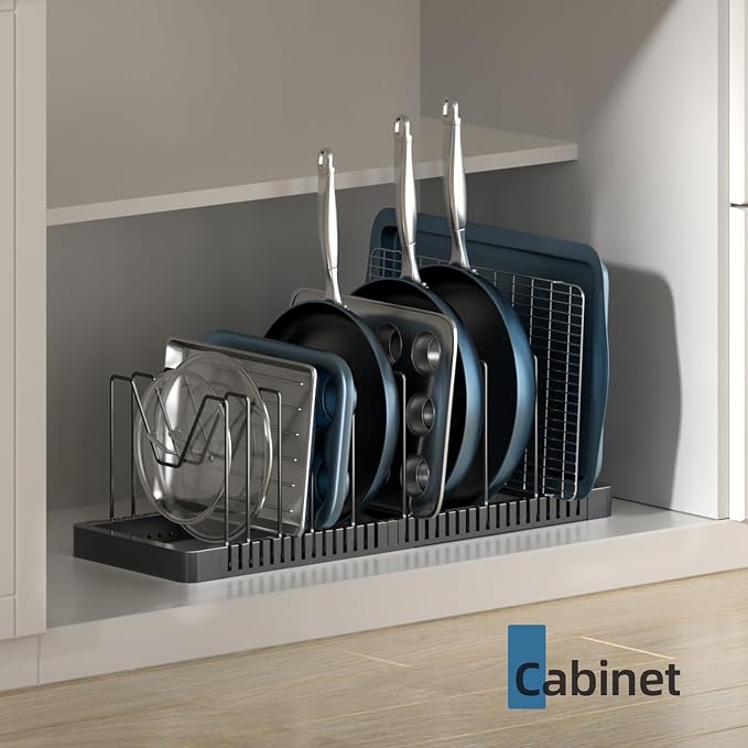 Pots and Pans Organizer under Cabinet, Expandable Pot Lid Organizer Holder with 10 Adjustable Compartment, Pan Organizers inside Cabinet for Lids, Bakeware, Kitchen Storage Pot Rack, Black - Image 6