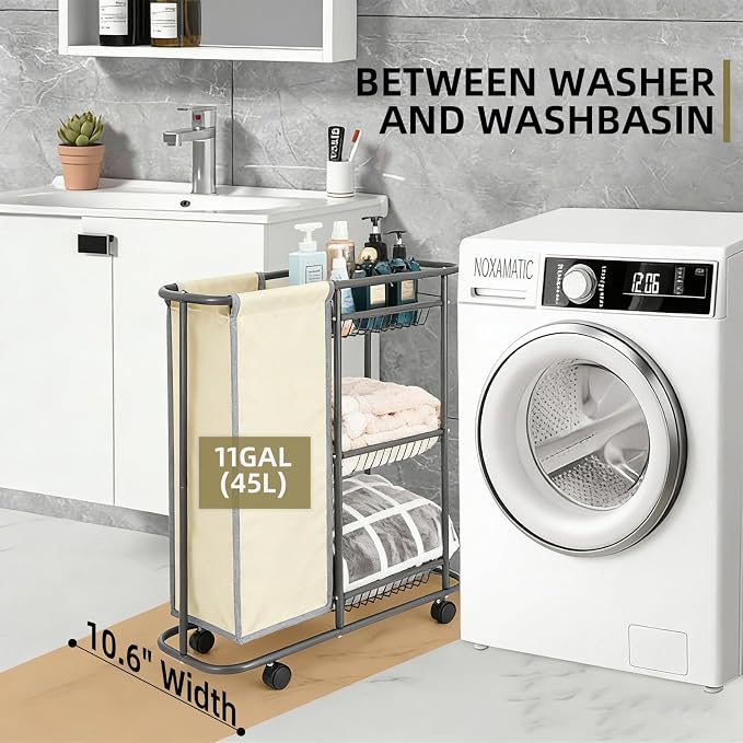 Rolling Laundry Basket with Wheels and Handle,3 Storage Baskets, 45 L Bag | Heavy Duty Laundry Cart, Space Saving Laundry Room Organization - Image 2
