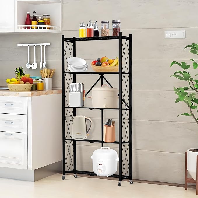 5 Tier Folding Shelf with Wheels,Metal Steel Collapsible Shelves | No Assembly Portable Shelves Organizer Rack,Rolling Standing Utility Rack for Kitchen, Pantry, Office, Black - Image 2