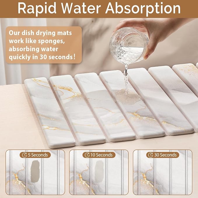 Large Stone Dish Drying Mat for Kitchen Counter,Quick Dry Stone Dishes Mats,Marbled Water Absorbing Diatomaceous Earth Drying Pad for Countertop Bottles Utensils Cups(Yellow White 24"x16"&8"x4") - Image 3
