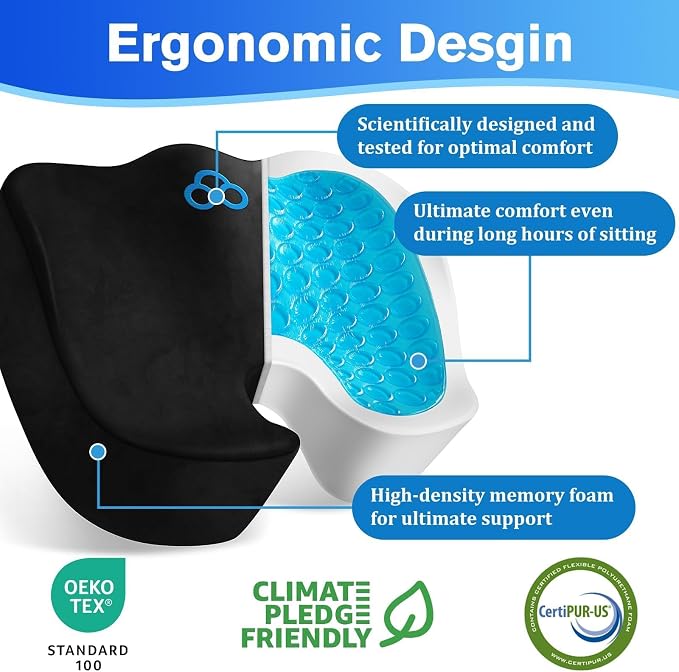 CushyOasis Seat Cushion, Office Chair Cushions, 5.28 in Thick (Black) | Anti-Slip Back & Removable Cover, Ergonomic Tailbone Support Seat Cushion, Memory Foam Seat Cushion for Office - Image 2
