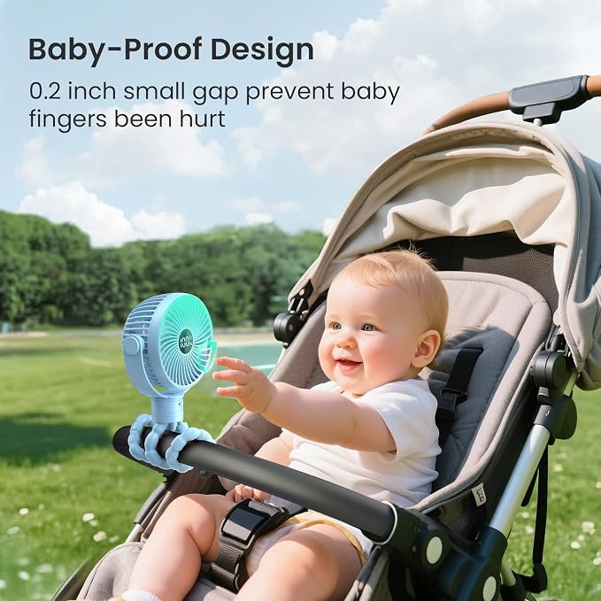 Coohea Portable Stroller Fan, 25H Long-lasting, 4 Speed, Night Light, Blue | 4000mAh Rechargeable Battery Powered Fan, Head Detachable 360° Rotate Mini Fan, Easy to Wrap for Car Seat Crib Bike Treadmill - Image 6
