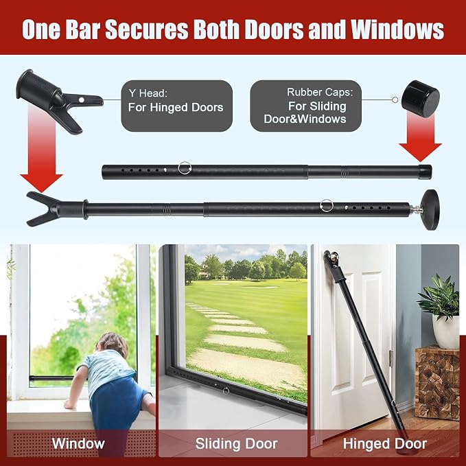 2 Pack Door Security Bar, Heavy Duty Door Brace for Front Doors, Sliding Doors & Windows, 24.5"-50.7" Adjustable Door Stopper with Anti-Slip Base for Home, Travel, Hotel & Dorm Security - Image 5