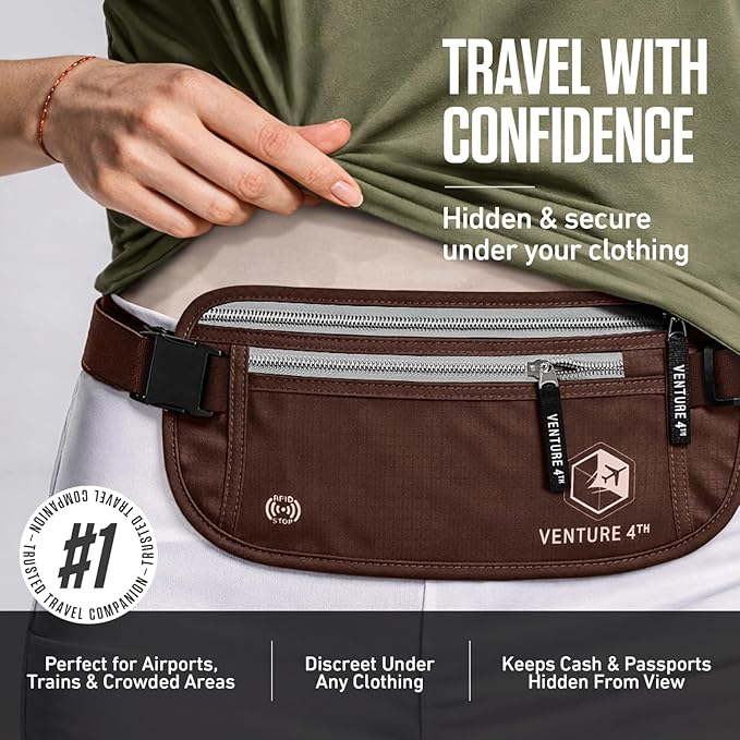 VENTURE 4TH Travel Money Belt, RFID Blocking Passport Holder - Brown - Image 4