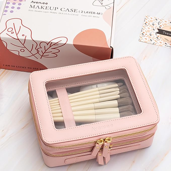Aveniee XL Clear Makeup Organizer,Double Layer Travel Cosmetic Case with Brush Holder & Zippered Compartments, Large Toiletry Bag Train Case for Women.2 Layers, Pink - Image 3