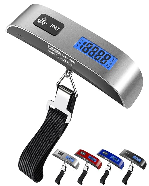 Luggage Scale Dr.meter Travel Essentials Luggage Weight Scale Backlight LCD | 110lb/50kg Electronic Balance Digital Postal Travel Accessories with Rubber Paint Handle Temperature Sensor Silver by Drmeter