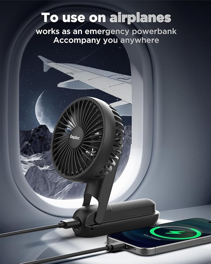 EasyAcc 3-in-1 Handheld Fan with 5000 Capacity, Ultra-Quiet Powerful Mini Fan, 5 Speeds, Backup Power, SOS Light, Digital Display and Lanyard for Travel and Cruise, Black - Image 4