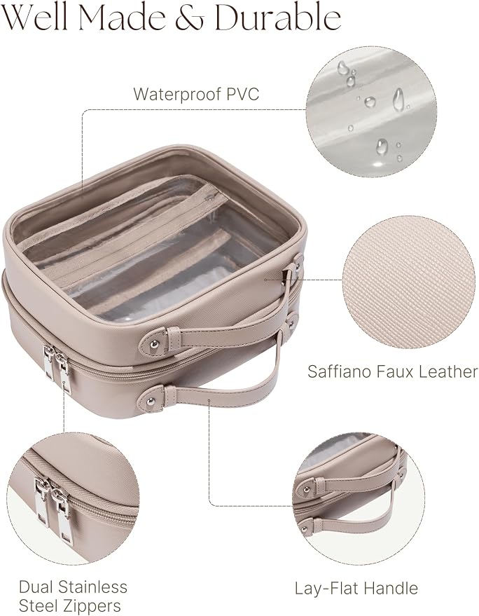 Clear Cosmetic Bag Double Layer Travel Toiletry Bag Clear Makeup Bag Case with 4 Compartments, Transparent Travel Bag for Toiletries, Large Toiletry Bag for Women Cosmetic Case (Taupe, Large) - Image 7