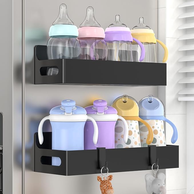 2 Pack Magnetic Spice Rack for Refrigerator Upgrade Black | Magnetic Cup Holder for Fridge, Magnetic Fridge Shelf with Hooks, Kids Sippy Cup Holder Kitchen by Unknown