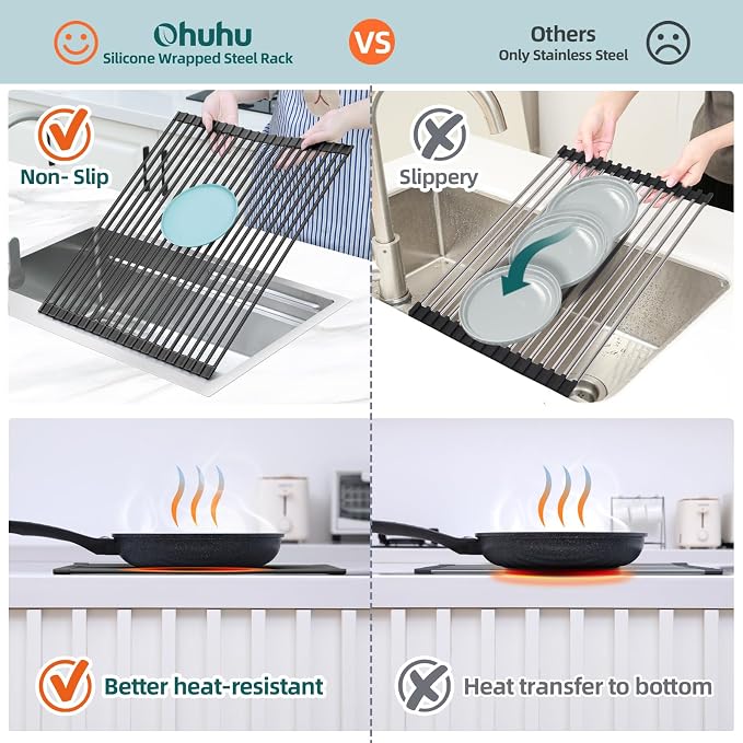 Ohuhu Sink Drying Rack, 20.5" W x 16.1" L Over Sink Roll-Up Dish Drainer - Rolling Foldable Accessories Heat-Resistant Mat Anti-Slip Silicone Coated Multipurpose for Kitchen Counter - Image 5