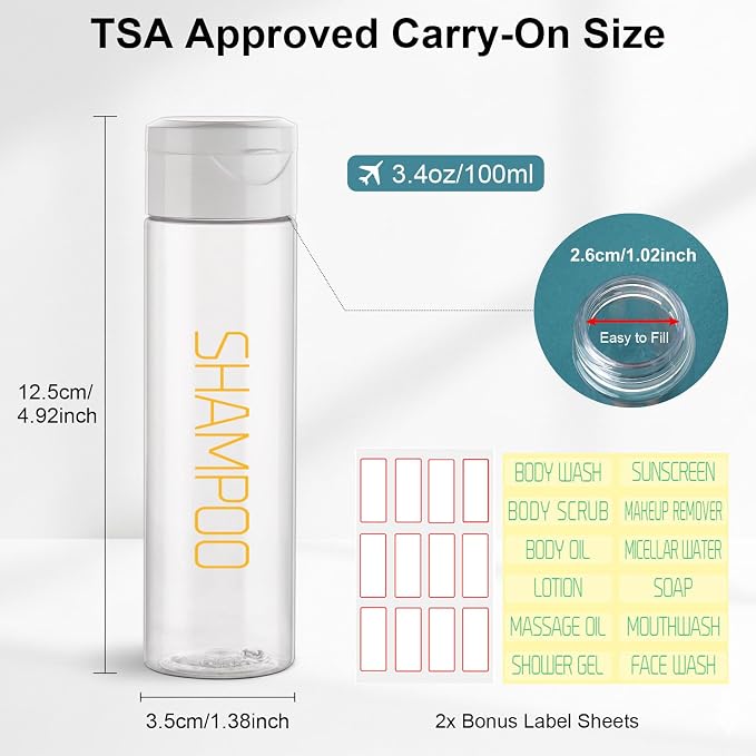 Cosywell 3.4oz Travel Bottles for Toiletries 5 Pack Clear Shampoo Bottles | Preprinted with SHAMPOO, CONDITIONER and BODY SOAP, Leak Proof, TSA Approved, for Lotion Toothpaste Cream, and a Toiletry Bag - Image 2