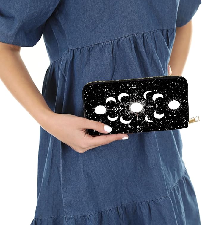 Women's RFID Blocking PU Leather Zip-Around Wallet, Large Capacity Clutch with Phone Holder, Travel Purse & Card Organizer with Removable Wristlet,Moon Phases in Space - Image 6
