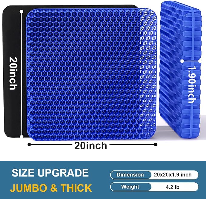 Gel Seat Cushion, Jumbo&Thick Gel Cushion with Non-Slip Cover for Home Office Car Seat Wheelchair, Soft Breathable Honeycomb Chair Pads for Relieve Hip Pain, Blue 20x20x1.9inch - Image 2
