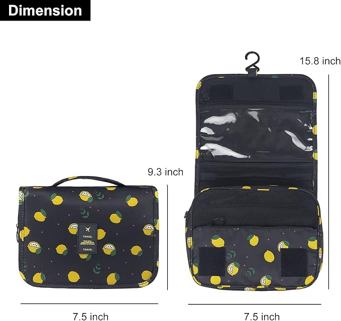 Travel Toiletry Bag for Women, Hanging Toiletry Bag with Multi-Pockets, Toiletry Bag for Traveling Easy Clean, Travel Organizer Bag Black-Lemon - Image 4