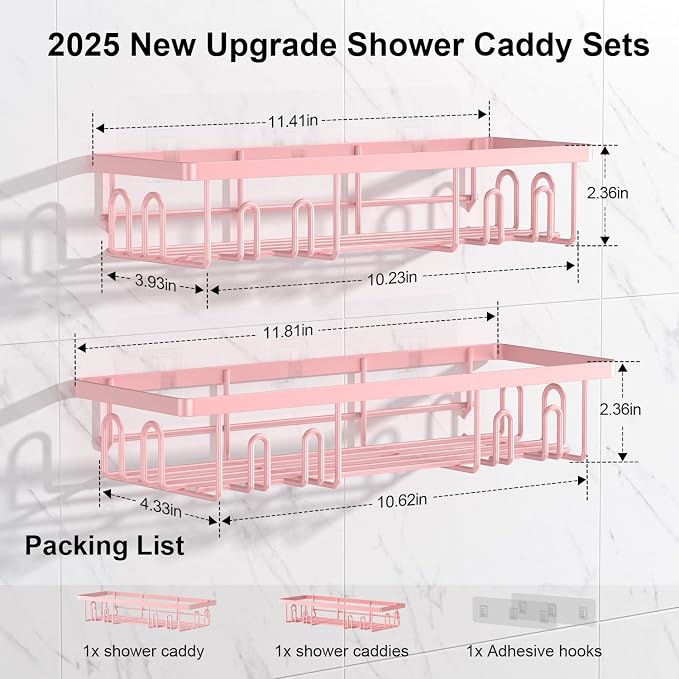 Getsrichfc Shower Caddy Adhesive, Rustproof Shower Shelves for Inside Shower, Large Capacity Bathroom Organizers and Storage, Shower Storage with Removable Hooks, No Drill Bathroom Accessories Pink - Image 6
