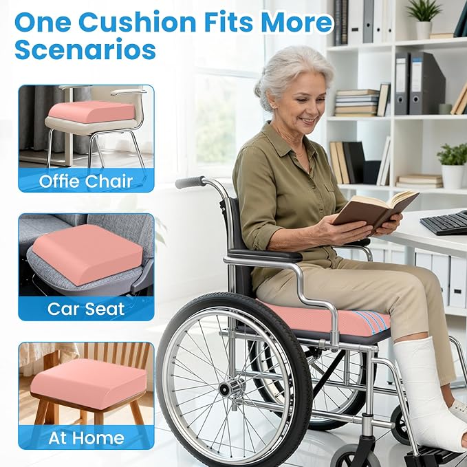 Wheelchair Seat Cushion for Pressure Relief, Cooling Gel Memory Foam Chair Cushion with Slope-Edge Design, Coccyx Support for Tailbone Pain, Non-Slip, for Wheelchairs, Office Chairs & Car Seats, Pink - Image 2