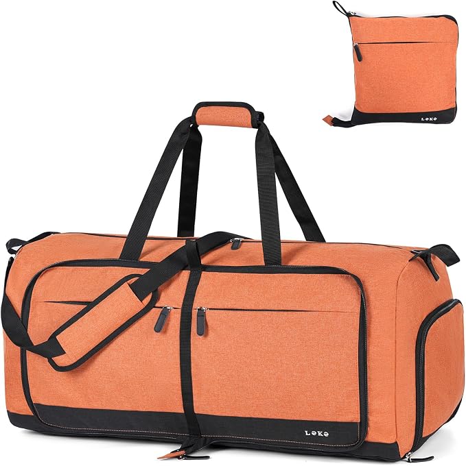 Lekesky Foldable Travel Duffel Bag for Women, 80L Large Duffle Bag with Separate Shoes Compartments & Straps, Carry On Weekend Bag for Women, Hospital, Overnight(Orange) by LEKESKY