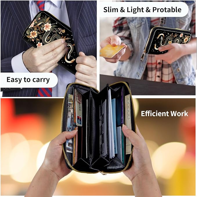 Wallet,Leather Long Wallet Suitable For Ladies And Teenagers - Detachable Wristband + RFID Travel Wallet With Card Slot - Aesthetic Snake Floral - Image 7
