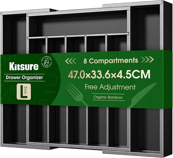 Kitsure Silverware Organizer, Bamboo Kitchen Drawer Tray, Black, Large | Expandable Drawer Kitchen Organizer, Cooking Utensils & Cutlery, Sturdy & Thickened Design, Storage Solution by Kitsure