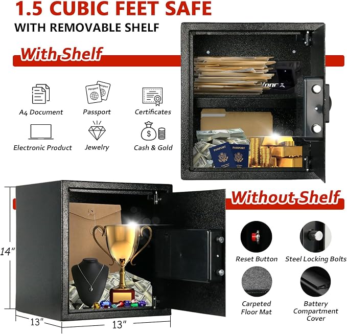 Voncabay Money Safe Box for Home with Digital Keypad, 1.5 Cu. Ft., Black | Alloy Steel, 2 Fireproof Bags, Digital Keypad with Display, Removable Shelf, Alarm System, 14 x 13 x 13 In. - Image 4