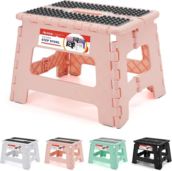 9 Inch Folding Step Stool 300 LB Capacity Non Slip Foot Stool with Handle Plastic Foldable Step Stools for Kids Stepping Stool for Bathroom Black Small Step Stool (1 PC Pink) | Heavy Duty Foldable Stools, Lightweight, Holds 300 lb, for Toddler Kitchen ... by ACSTEP