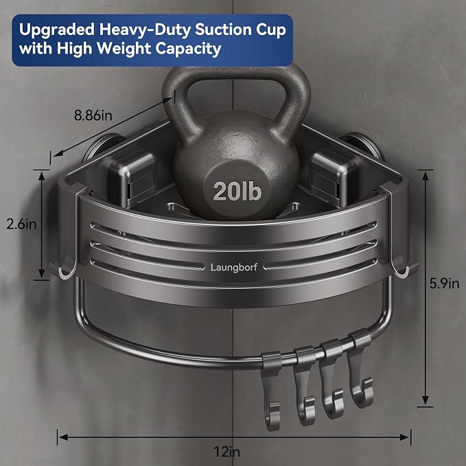 Corner Shower Caddy Suction Cup, Gray (1 Pack) | Rustproof aluminum shelf with towel bar & hooks. No-drill removable wall storage. Strong suction - Image 2
