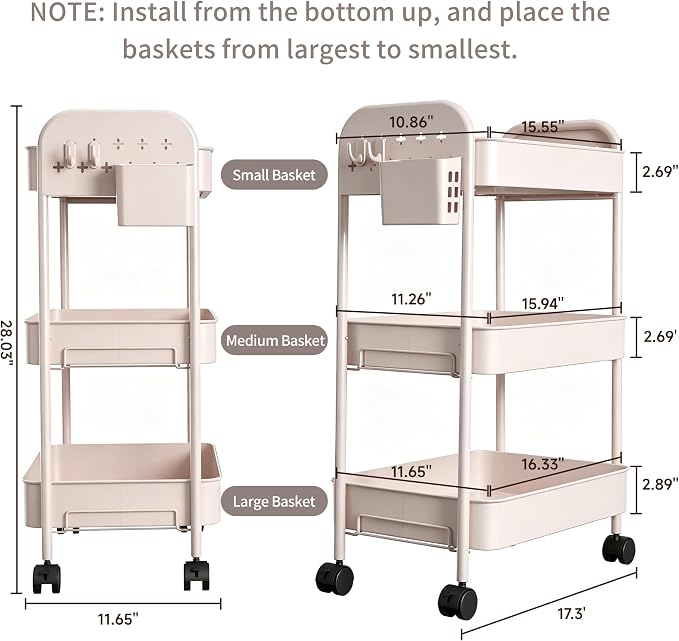 Heavy-Duty Rolling Cart 3 Tier Metal Utility Storage Cart | with Casters, Hooks & Hanging Cups, Rolling Storage Organizer for Kitchen Office Craft Snack Book - Image 2