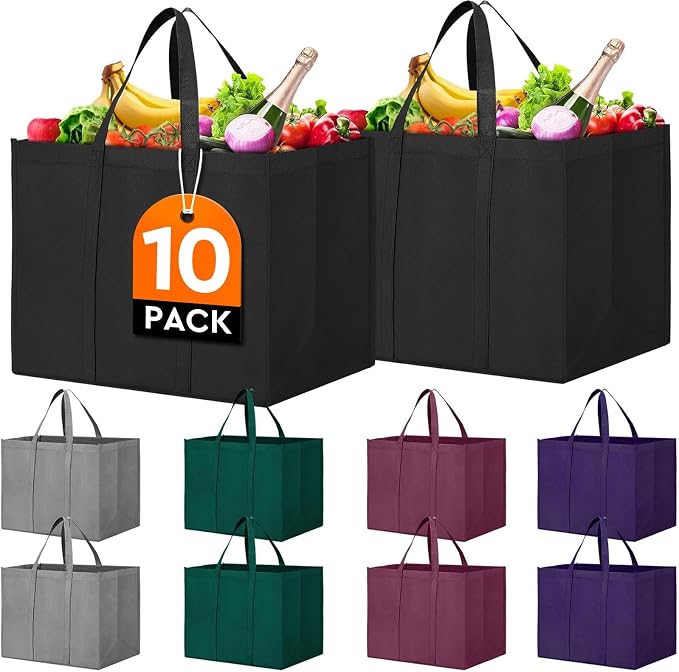 Reusable Grocery Shopping Bags 10 Pack Large Foldable Tote Bags Bulk | Eco Produce Bags with Long Handle for Shopping Groceries Clothes (5 Assorted Colors) by WiseLife