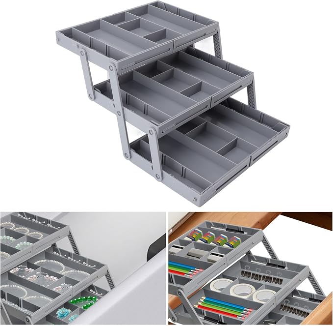 Drawer Organizer, Expandable Foldable Versatile Bathroom and Vanity Desk Drawer Organizer Trays, Plastic Storage for Makeup, Bedroom, Jewelry, Kitchen Utensils and Office (3 - Image 7