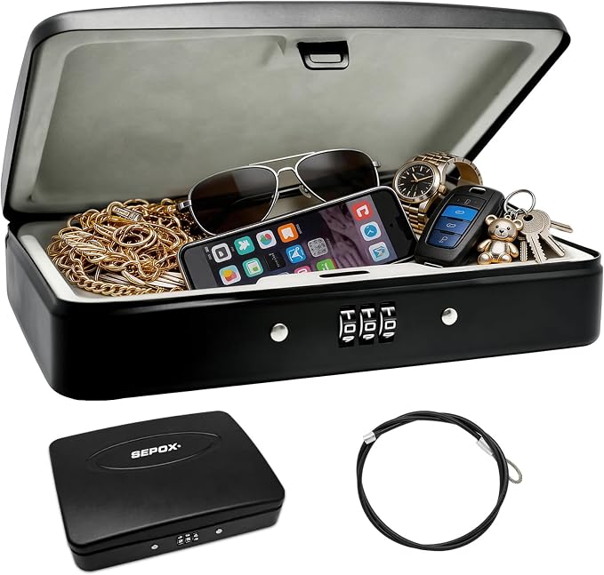 SEPOX® Portable Heavy Duty Steel Lock Box 8.1x5.7in 3ft Cable Combo Safe | For Travel Hotel Office Dorm Compact Steel Alloy Lock Box 3-Digit Code 3ft Steel Cable Secures Cash Passport Jewelry Small by SEPOX