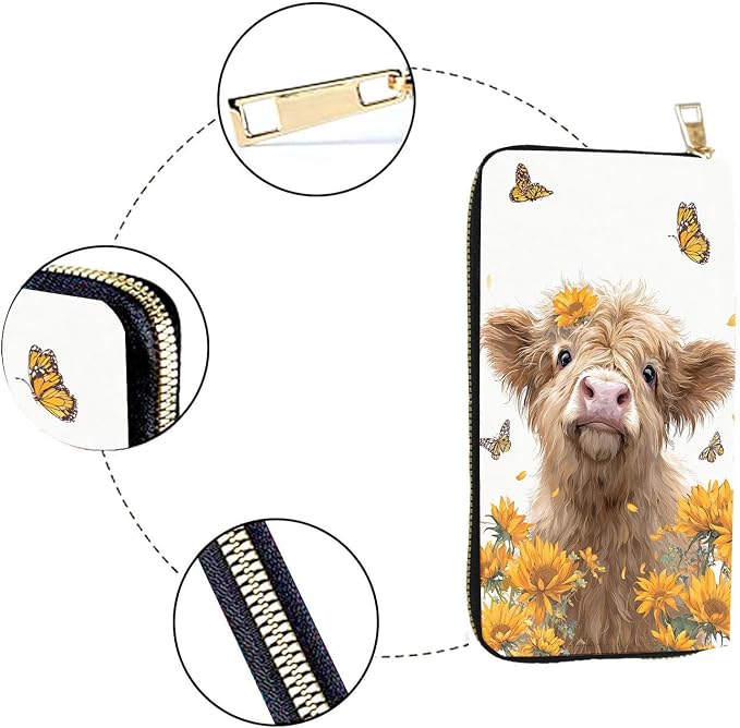 Women's RFID Blocking PU Leather Zip-Around Wallet, Large Capacity Clutch with Phone Holder, Travel Purse & Card Organizer with Removable Wristlet,Highland Cow Butterfly Flower - Image 4