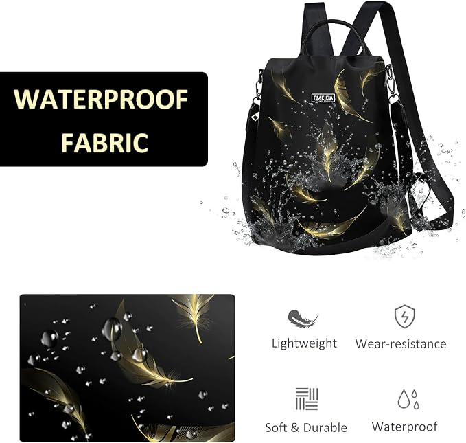 Travel Backpack Purse for Women Anti Theft Convertible Backpacks Fashion Waterptoof Nylon Daypack Black Feather | Hidden Back Zipper Opening, Compact Travel Size,Summer Purse, Daypack for College Work, Fits 13-inch laptop - Image 4