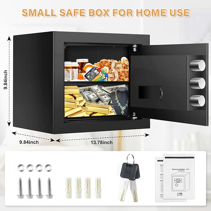 Small Safe for Home, Mini Safe Box for College Dorm Room | 9.8''Dx13.8''Wx9.8''H, Alarm System, LED Light, Wall/Floor Mountable Hidden Safes for Cash, Jewelry, Medicine - Image 2