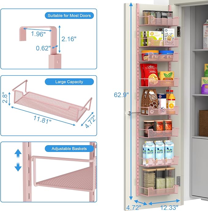 VyGrow 12.3" W Narrow Over the Door Pantry Organizer, 8-Tier Over the Door Organizer with Adjustable Basket, Pantry Door Organization for Pantry Kitchen Storage Room Spice Rack, Pink - Image 6