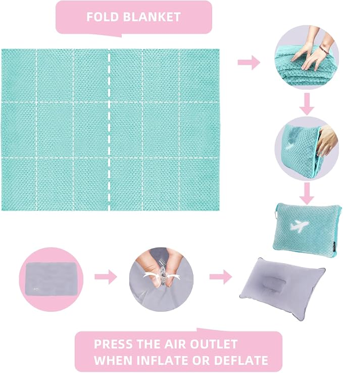 3 in 1 Travel Blanket Pillow Set - 350 GSM Thick Travel Blanket Airplane Compact with Bag, Soft Bag with a Pocket, Inflatable Travel Pillow for Camping & Car Trip(Mint Green) - Image 7