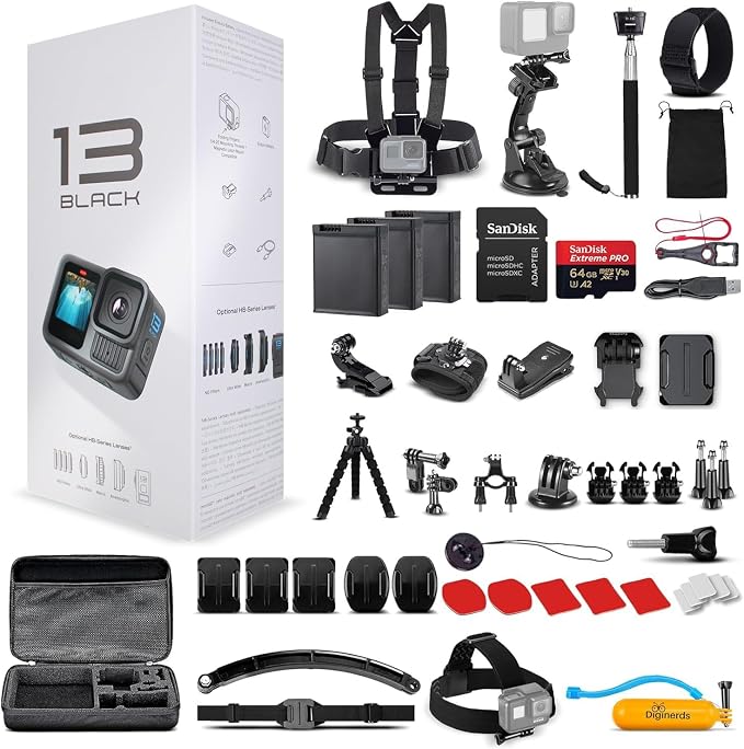 GoPro HERO13 (Hero 13) Black - with 50 Piece Accessory Kit and 2 Extra Batteries + 64GB Card - Waterproof Action Camera - 5.3K HDR, 27MP Photos, 1/1.9" Sensor, Live Streaming, Webcam, Stabilization by Unknown