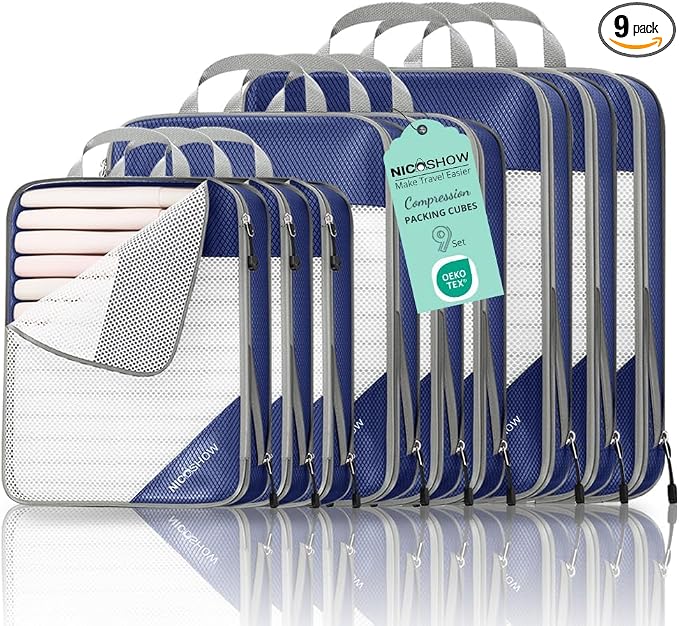 9 Set Compression Packing Cubes for Travel - Compressible, Lightweight, and Space-Saving Packing Cubes, Travel Essentials for Women, Navy by NICOSHOW