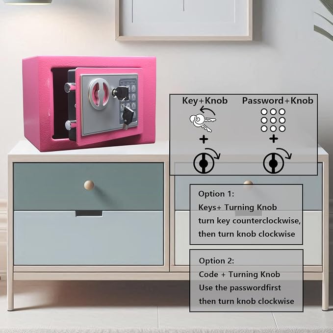 Yuanshikj Small Steel Security Safe Box with Keypad,Key;0.23 Cu Ft, Pink | Electronic Digital Secure,9.1" W x 6.7" D x 6.7" H,Hidden for Home Dorm Apartment Hotel Office Cash Jewelry Storage - Image 6