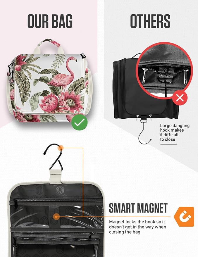 VENTURE 4TH Hanging Travel Toiletry Bag, 17 Compartments - Pink Flamingo | Hangs on rails, hooks or doors; stands upright too. Removable TSA pouch. Water-resistant 900D Nylon, reinforced stitching. - Image 6