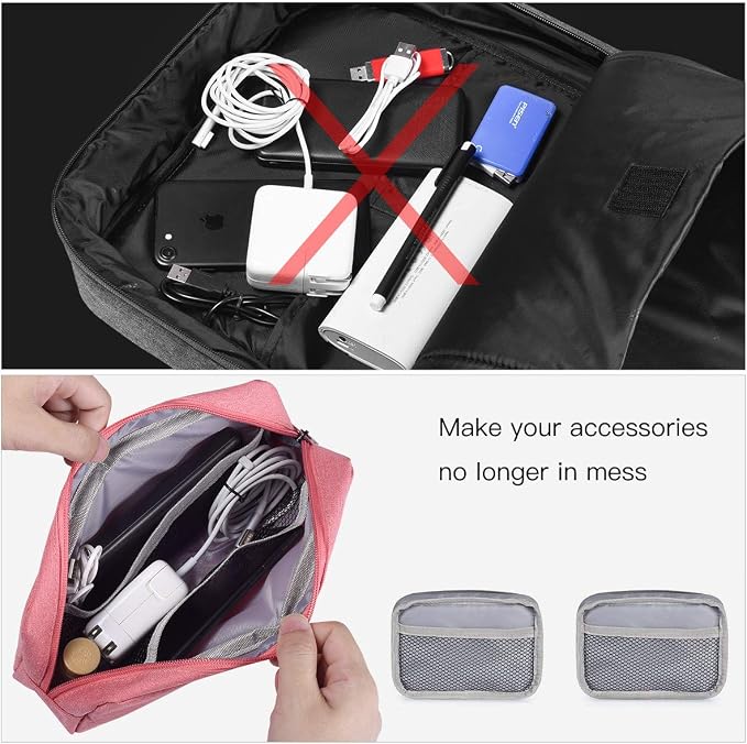 2-PACK Accessories Bag for Women Ladies Travel Organizer, Big+Small Portable Storage Bag Pouch Electronics Accessories Carrying Case Cosmetic Bag for Hard Drive, Mouse, Cable, Adapter, Cellphone, Pink - Image 5