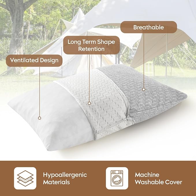 Camping Pillow Shredded Memory Foam Pillow, Compressible Travel Pillow Breathable Cover, Ideal Backpacking Airplane Hiking - Image 2