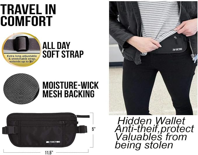ZM-YOUTOO Money Belt for Travel - Hidden Travel Pouch Protect Your Credit and Money With RFID Blocking Passport Holder Waist Wallet (Black) - Image 5