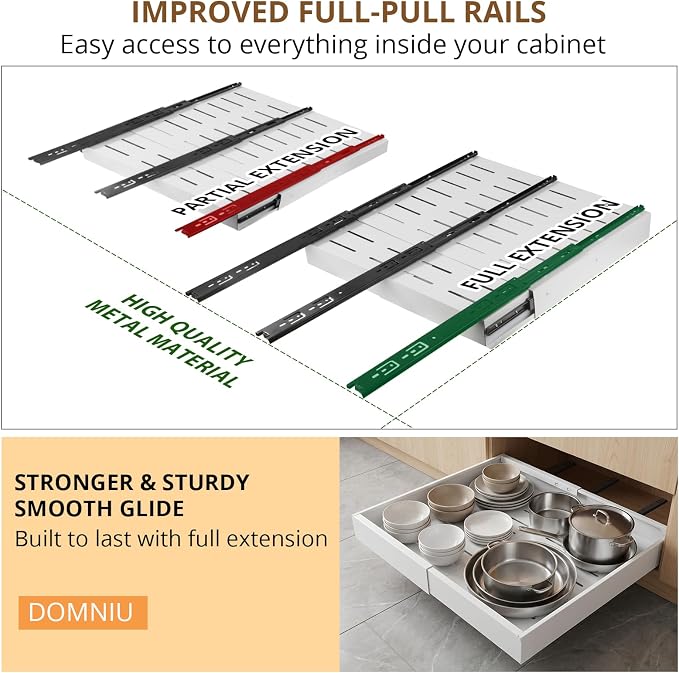 DOMNIU 2 Pack Pull Out Cabinet Organizers Width(12"-19"), Depth(17"-23") | Slide Out Drawers, Upgrade 3 Slide Rails Sliding Drawer for Kitchen Cabinet Organizer, White - Image 8