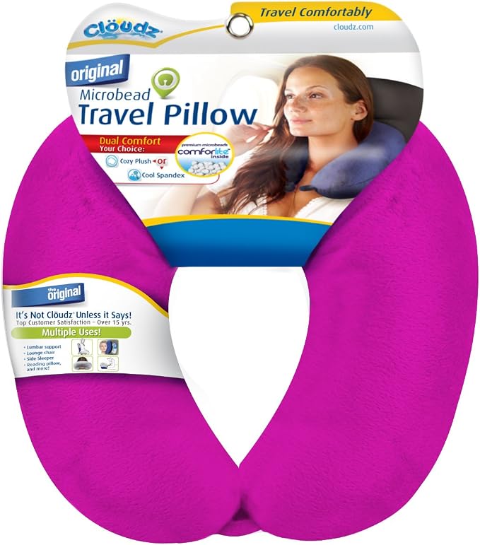 Dual Comfort Microbead Airplane Travel Neck Pillow. Soft Cozy Plush Fabric on One Side, Cool Relaxing Spandex on The Other! Customize Your Comfort and Support at Home or On The Go! Bright Pink by Cl%C3%B6udz