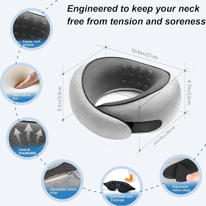 G-Shape Memory Foam Travel Pillow Super Comfort Neck Pillow Airplane 360°Support | Complete Sleep Kit: Eye Mask, Ear Plugs & Carry Bag | Lightweight Airplane Pillow for Home, Car & Travel(Gray) - Image 5